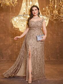 [Random Print] UNITHORSE Plus Women's Tube Top Ruched Bust Back Straps Design Floating Piece Slit Temperament Evening Dress - Champagne - View 1