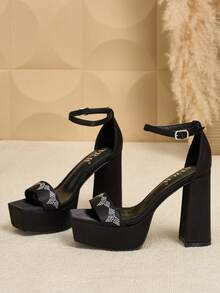 Giày cao gót nữ mũi vuông đế xuồng chống thấm nước quai satin họa tiết hình học đính pha lê khóa kim loại hở mũi thời trang, giày dự tiệc gợi cảm - màu đen - Xem 5