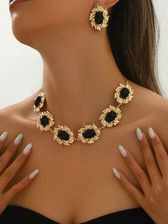 2件套 时尚复古法式黑色亚克力金属项链套装，秋冬季