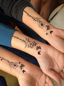 Daisy Butterfly Line English Word Phrase Pattern Temporary Tattoo Stickers, Suitable For Wrist, Ankle, Shoulder, Neck, Collarbone DIY Daily Party Holiday Gift, Waterproof Realistic Tattoo Stickers - Black - View 5