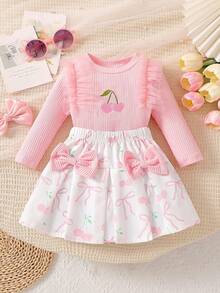 两件套女婴优雅可爱粉色圆领网纱荷叶边拼接罗纹樱桃刺绣长袖上衣和白色蝴蝶印花裙套装 - 粉色 - 查看 4