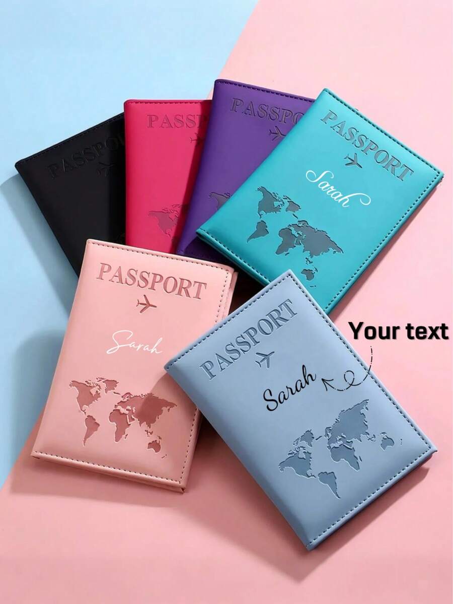 Customized Text Logo PU Leather World Map Passport Holder, Cross-Border Travel Passport Protector, Personalized Passport Cover, Valentine's Day Gift, Customizable Passport Protector, Couple Passport Holder, Smooth Texture PU Passport Protector, Customized Passport Holder, Ticket Holder Passport Holder, Essential For Travel,Suitcases Travel Luggage - Multicolor - View 1
