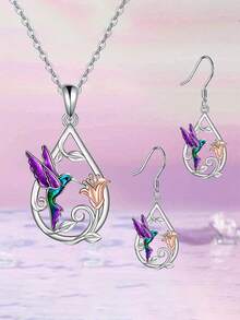 3pcs/Set Hummingbird & Flower Pendant Necklace & Earrings Set, Holiday Gift For Friends & Girlfriends - Style 1 - View 1