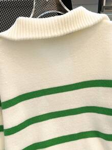 秋冬新款拉链条纹百搭毛衣，时尚简约套头衫，百搭设计，长袖休闲上衣 - 綠色 - 查看 5