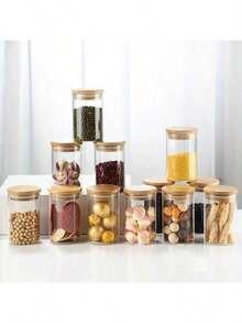 8pcs 250ml/8.45oz Glass Spice Jars With Bamboo Lids And Steel Labels, Helps Organize Your Kitchen! - Multicolor - View 3