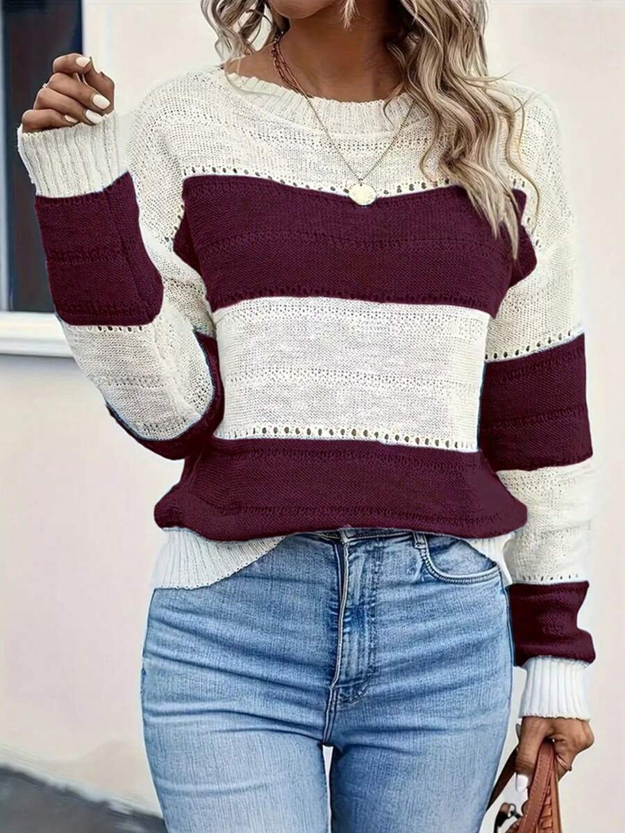 Contrast Color Striped Casual Pullover Sweater Vacation - Burgundy - View 1