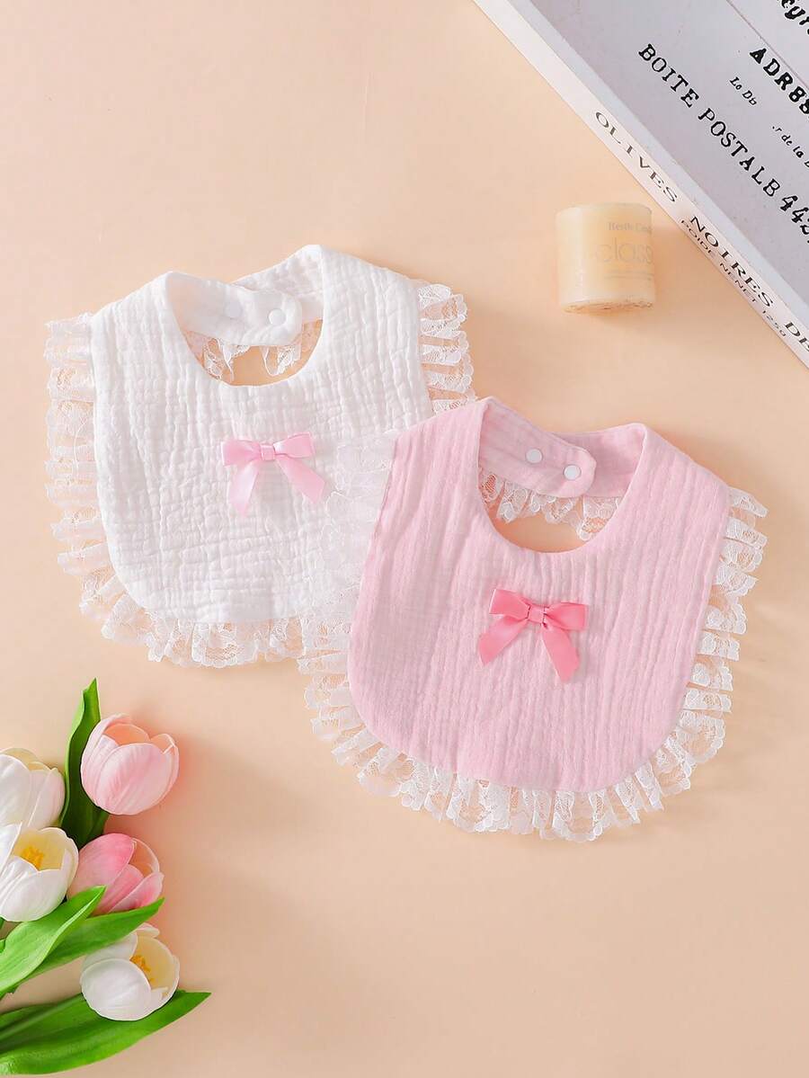 2 buah Celemek Katun Lembut, Celemek Air Liur, Dekorasi Pita Renda Putri Bayi, Perlengkapan Bayi Baru Lahir - MultiWarna - View 1