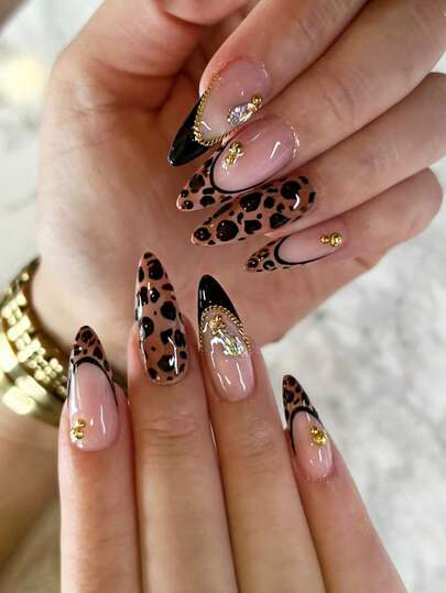 24pcs French Manicure Nail Stickers, Medium/Extra Large Leopard Print Nail Stickers, Pointed Tip Design, Decorated With 3D Rhinestone Chain, Retro Style, Smooth Surface, Full Coverage, Suitable For Women And Girls For Daily Wear, Applicable For Autumn/Winter Season Nails