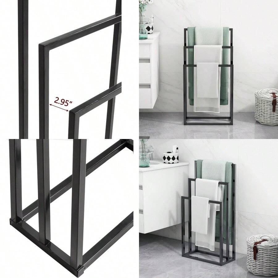BOFENG Towel Rack Industrial 3-Tier Freestanding Towel Bar Stand Towel Rails Towel Holder Ladder Drying Rack Bathroom Accories Organizer For Bath Storage And Hand TowelsWashcloths Next To Tub Black - 黑色 - 查看 1