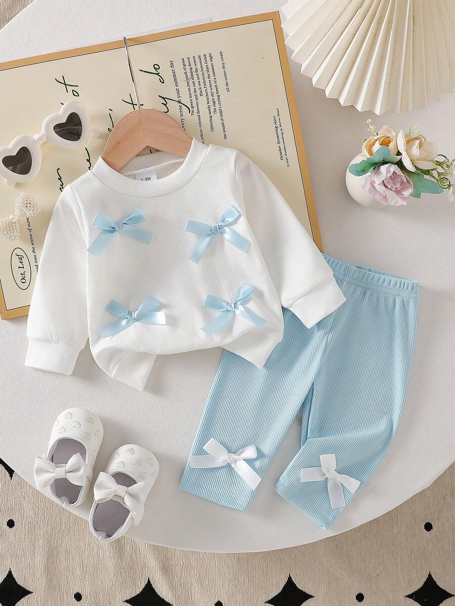 Newborn Baby Girls' Casual Cute Round Neck Long Sleeve Blue Bow Patchwork White Sweatshirt And Blue Bow Pants Set