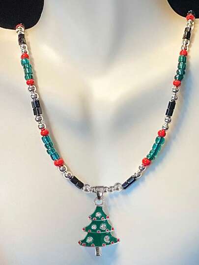 1pc Fashionable & Unique Christmas Tree Beaded Pendant Necklace, Colorful Alloy Charm, Suitable For Women's Daily & Holiday Wear, Great For Christmas, New Year, Jewelry Gift