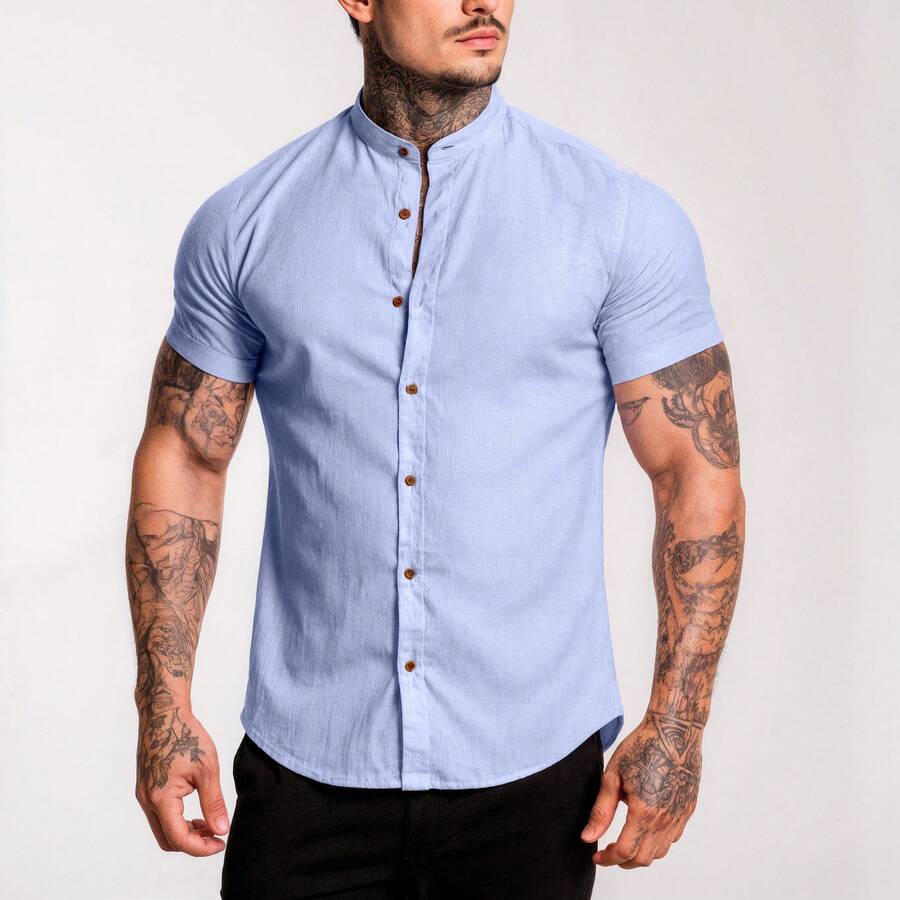 Men's Linen Mandarin Collar Shirt - Lilac Purple - View 1