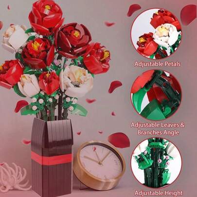 Flower Bouquet Building Set – Roses Building Blocks With Vase, Home Décor Kit, Creative Toy Building Set For Adults, Ideal Housewarming Gift