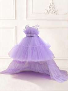 Girls' Elegant Bowknot Tulle Trailing Puff Dress, Suitable For Birthday Party, Banquet, Does Not Include Headband - 紫色 - 查看 5