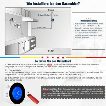 WLAN -Gasmelder, tragbarer Gasleckalarm, kompatibel mit Smart-App, Tuya, Gasmonitor für Zuhause, Küche und Wohnmobil, Methangassensor mit 85-dB-Sprachalarm und visuellem Gaskonzentrationsalarm