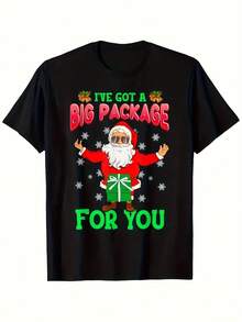 Camiseta gráfica de Navidad de Santa "Tengo un gran paquete para ti" para hombres y mujeres - Camiseta de manga corta negra de 180gsm, suave y elástica, cuello redondo, tallas S-XXL, regalo divertido de vacaciones para mamá, familia y amigos, camiseta de Navidad, atuendo casual, letras en negrita, ajuste cómodo, top casual, regalo para amigos - Negro - Ver 2