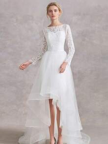 Sophisticated Scoop Neck Lace Long SLeeves High-Low Wedding Gown - Perfect For Christmas, Halloween, Weddings, Proms & Birthdays - trắng - Xem 3