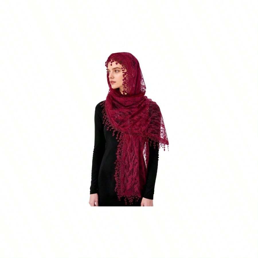 - Bufanda rectangular con velo de encaje para mujer, Mantilla cristiana, oracin, larga envoltura, nupcial, boda - Rojo - Ver 1