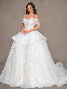 露肩碎花女童雪纺公主裙配落肩水钻工艺婚纱 - 白色 - 查看 6