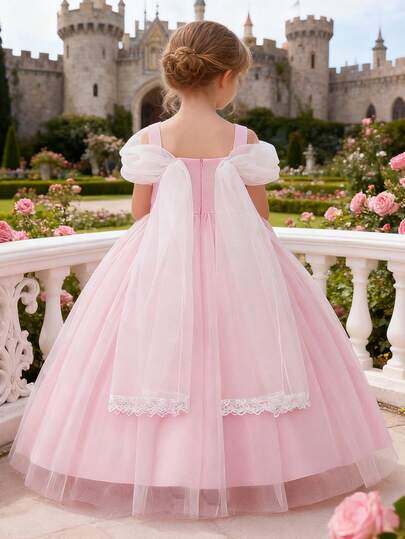 Young Girls Blue Off-Shoulder Tulle Princess Dress, Suitable For Party