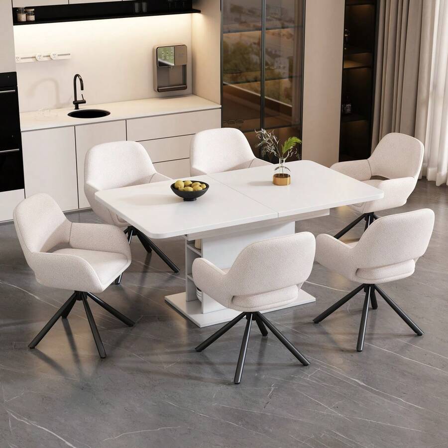 Swivel Dining Chair, Sherpa Fabric, Set Of 4 Pieces, With Armrests, Modern And Simple, White - White + Sherpa - View 1