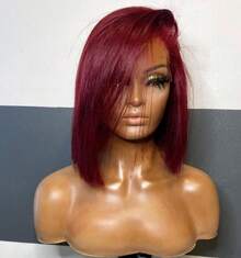 Short Bob Cut Silky Soft Straight 99J Red Burgundy Color 13X4 HD ...