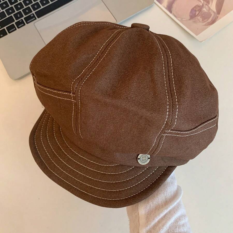 Boina de color liso de moda para mujer, gorro de artista, boina de pintor para viajes, compras y fiestas. - marrón - Ver 1
