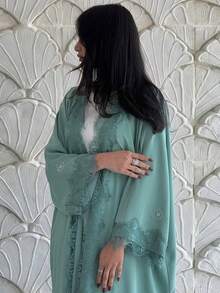 New Lace Patchwork Long Modest Jacket, Abaya, Muslim Fashion Long Robe - Mint Green - View 4