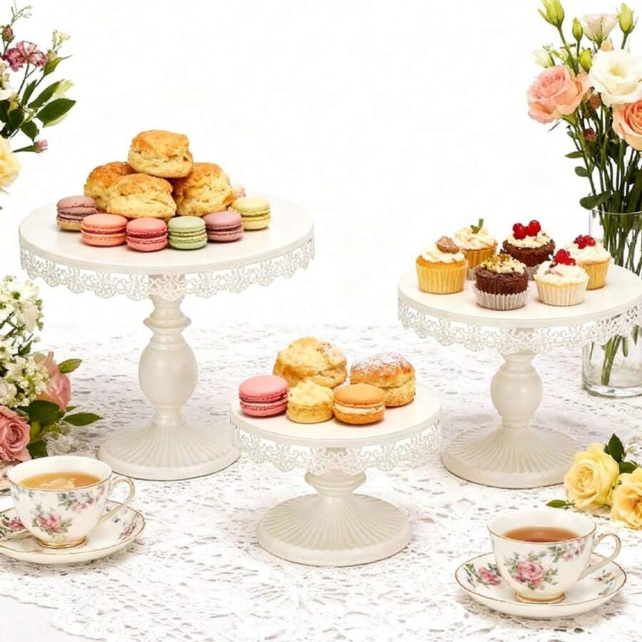 3Pcs Cake Stand, White/Gold Cake Stand Set Diameter 8" 10" 12", Perfect Dessert Table Display Set, Cupcake&Cake Stands For Party, Wedding, Birthday, Shower, Celebration - CreamWhite - View 1