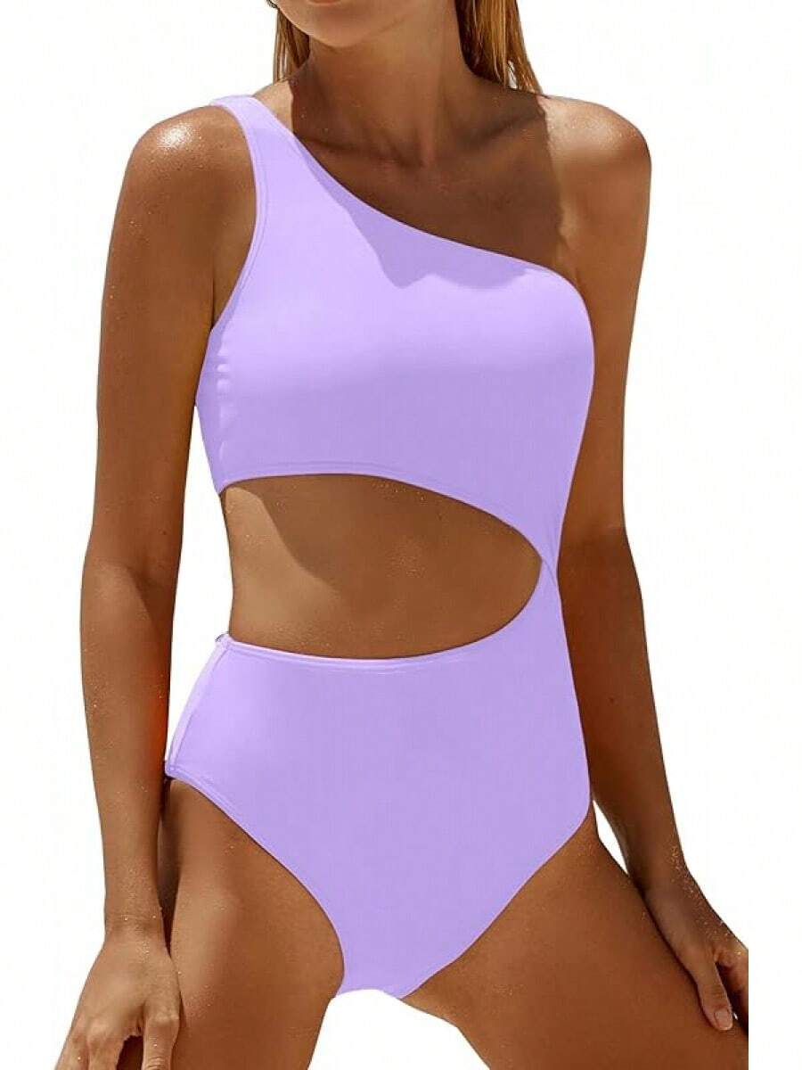 Women's Swimsuit - One Shoulder Cutout Tummy Control Bathing Suit - 薰衣草 - 查看 1