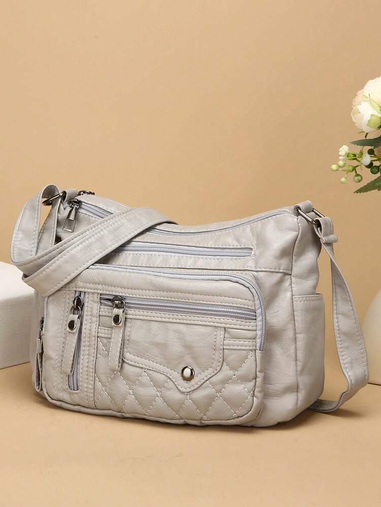 Vintage Genuine Leather Shoulder Bag, Women's Multi-Pocket Crossbody Bag, Fashion Large Capacity Handbag, New Messenger Bag, Tote Bag - Grey - View 1