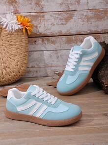 Women's Casual Versatile White Striped Accent Sneakers, Fashion Attractive Comfortable Durable Rubber Soft Sole Athletic Shoes, Breathable Lightweight Patchwork Sports Shoes For Women - Màu xanh lam - Xem 7