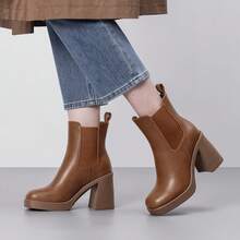 Women's Chunky Heel Chelsea Ankle Boots Slip-On Platform Booties Elastic Comfort Square Toe Casual Winter Shoes - màu nâu - Xem 7