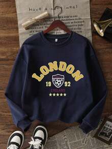 2026 New Arrival Women's Crew Neck Sweatshirt, Spring & Autumn Casual Colorblock & English Print Design, Versatile Daily Streetwear Top, Casual Outfit - 海軍藍 2 - 查看 6