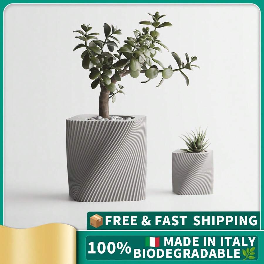 ORIZZONTE Modern Square Decorative Vase With Slanted Spiral Texture – Geometric Design For Succulents And Small Indoor Plants – Home/Office Gift Idea – Available In 2 Sizes – 100% Made In Italy, Shipping From Italy - Grey - View 1
