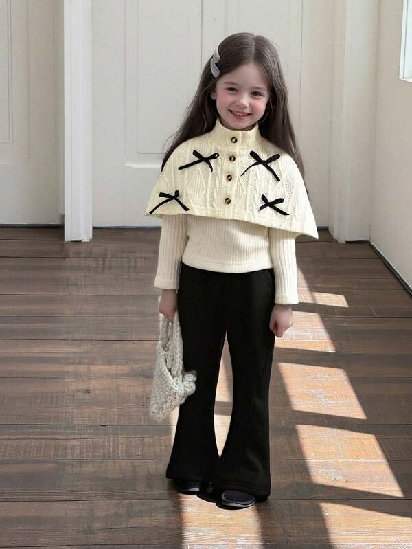 Vihyde 3 pezzi Set di bambina/bambina piccola con scialle lavorato a maglia con fiocco, top a costine e pantaloni a zampa, autunno/inverno