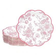 Pink Floral Party Plates Vintage Floral Leaf Disposable Paper Plates Wildflower Pink Toile 7inch Scalloped Rim Dessert Plates For Valentines Birthday Bridal Tea Party Supplies (24),PinkFloral - 粉紅花香 - 查看 9