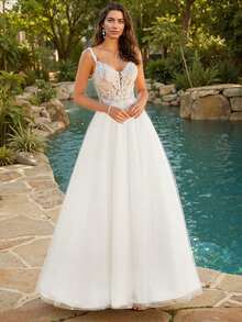 Elegant Lace Strap Lace Bodice Tulle Wedding Gown - Perfect For Christmas, Halloween, Weddings, Proms & Birthdays - 白色 - 查看 5