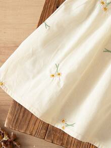 1 件女童刺绣短袖连衣裙，休闲优雅荷叶边领连衣裙，适合幼儿和小女孩，夏季