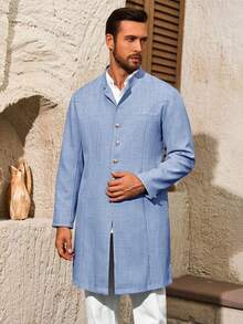Runcati Mens Kurta Coats  Mandarin Collar Attire  Outfits Wedding Festive Party Clothing Casual Kaftan Robe - 淺藍色 - 查看 3