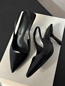 2025春夏新款银色尖头穆勒鞋，优雅法式露跟凉鞋，高跟鞋 - 黑色 - 查看 4