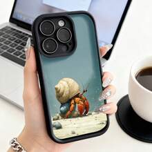 Funda para teléfono con borde negro y diseño de cangrejo ermitaño en playa azul claro para uso diario y trabajo - Negro - Ver 2
