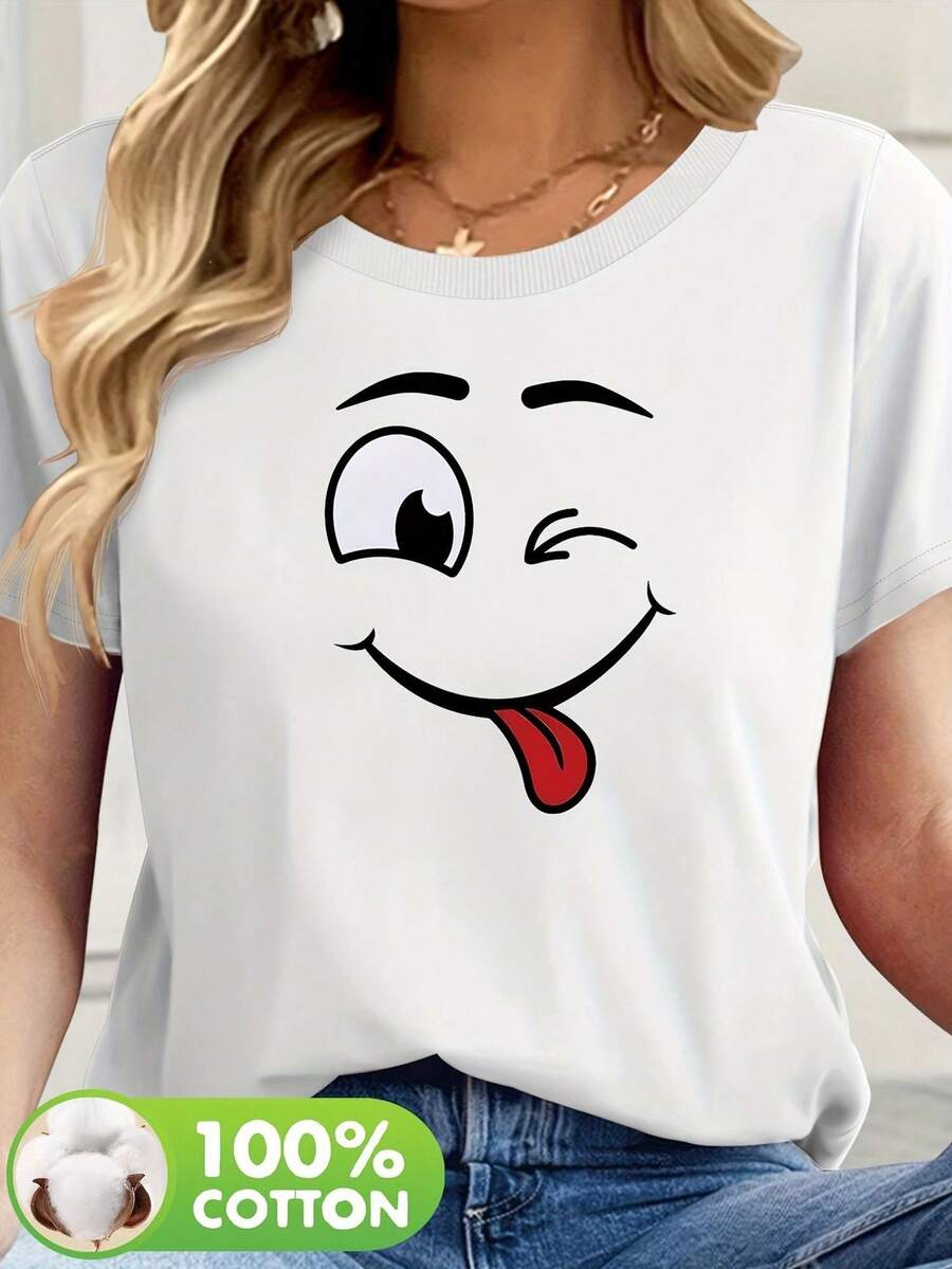 Women's T-Shirt With Funny Happy Face Print, Cotton Blouse, Casual, Cute, Premium Knit, Short Sleeve, Round Neck Shirt - 白色 - 查看 1