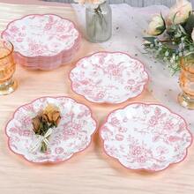 Pink Floral Party Plates Vintage Floral Leaf Disposable Paper Plates Wildflower Pink Toile 7inch Scalloped Rim Dessert Plates For Valentines Birthday Bridal Tea Party Supplies (24),PinkFloral - 粉紅花香 - 查看 8