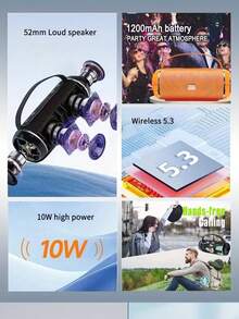 T&G Altavoz inalámbrico bluetooth portátil y resistente al agua con potencia de 10W, a prueba de caídas, con cordón, que admite tarjeta y unidad USB flash, con subwoofer y batería de litio incorporada