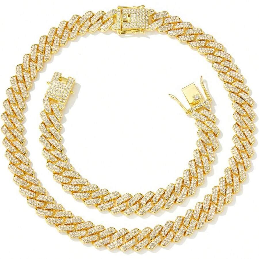 Gold Silver Cuban Link Chain And Bracelet - Diamond Necklace Iced Out Miami Cuban Hip Hop Jewelry - 金套裝 - 查看 1