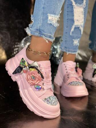 2025 Autumn New Rhinestone Embellished Platform Sneakers For Women, Fashionable Bow Tie Lace-Up Casual Canvas Shoes