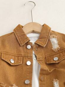 Boys' Distressed Brown Denim Jacket, Patchwork Design, Spring/Autumn - Brown - View 3