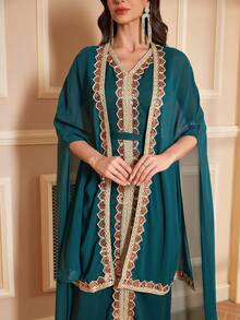 Women's Sequined Dress Set Chiffon TwoPiece Dress Cloak Robe - Green - View 5