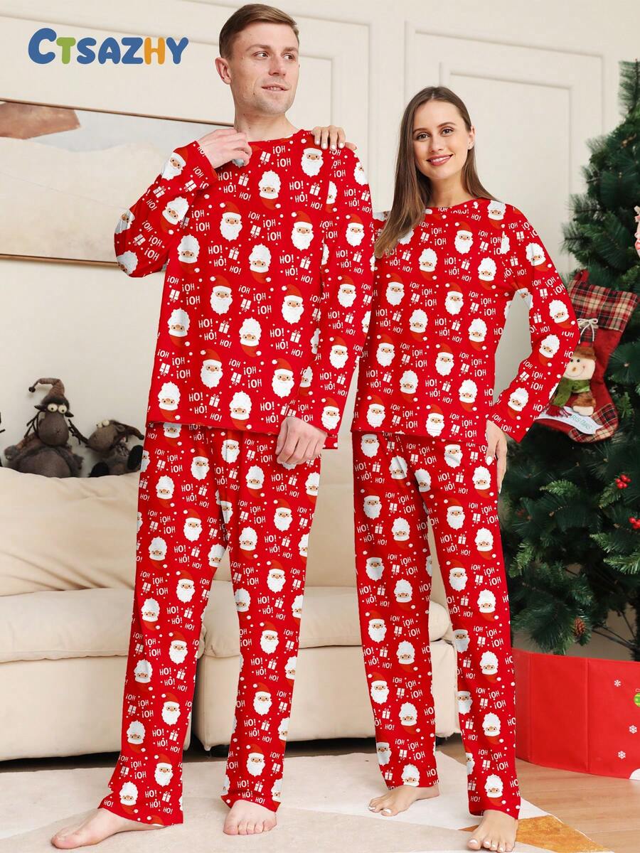 Lo Rrtta 2pcs Santa Claus & Celebration Letter Print Graphic Crew Neck Long Sleeve Men's Pajama Set, Fall & Winter Clothes - Multicolor - View 1